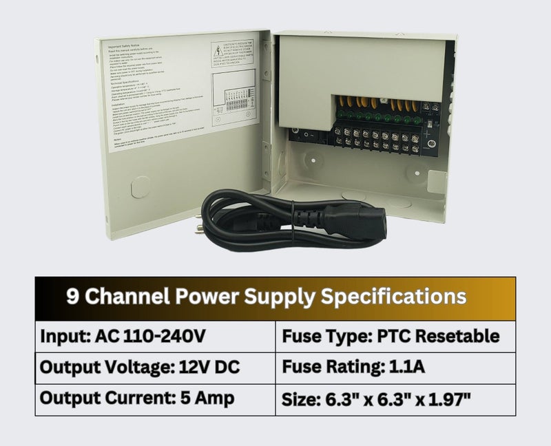 EVERTECH 12 V DC 5 A - Compact CCTV Power Supply Box - 9 Channel Metal Enclosure, PTC Fuse Protection, AC Plug in for AHD, TVI, CVI and Analog Security Cameras. - Image 2