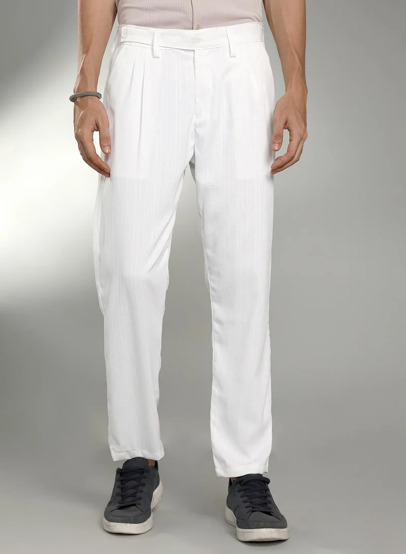 Campus Sutra Men's Cream White Pleated Tailored Trousers For Casual Wear | Mid-Rise | 3 Pockets | Button Closure | Trousers Crafted With Comfort Fit For Everyday Wear
