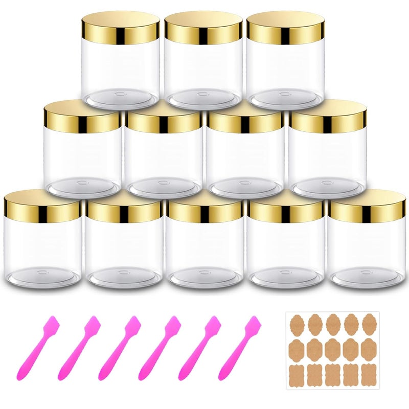 AMORIX 12 Pack 8 oz Plastic Cosmetic Containers With Gold Lids Refillable Clear Empty Travle Jars Containers for Body Butter,Sugar Scrubs,Cream,Lotions,Candy, Label&Spatulas - Image 1