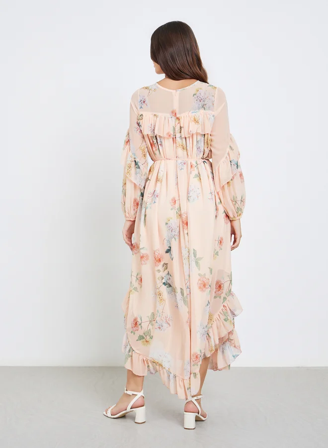 Styli Styli Peach Floral Maxi Dress
