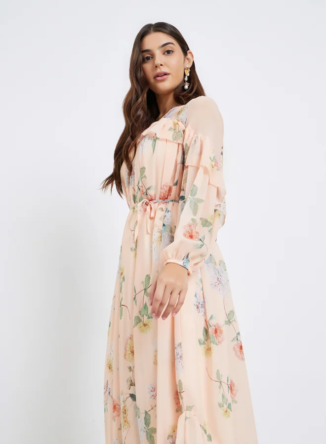 Styli Styli Peach Floral Maxi Dress