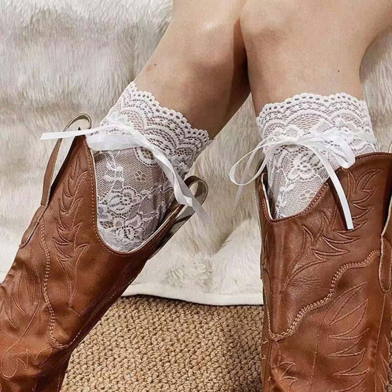 marrhorvk White Knee High Socks, Lace Ruffle Cute Sock Lolita Stockings Kawaii Lace Top Thin Socks for Girl Women (Rose) - Image 2