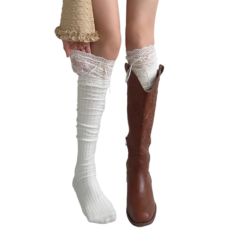 marrhorvk White Knee High Socks, Lace Ruffle Cute Sock Lolita Stockings Kawaii Lace Top Thin Socks for Girl Women (Rose) - Image 1