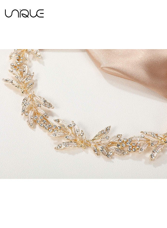 Unique Leaf Wedding Headpieces for Bride Flower Girl Bridal Headband with Rhinestones Women Handmade Hair Accessories (Golden) - Image 3