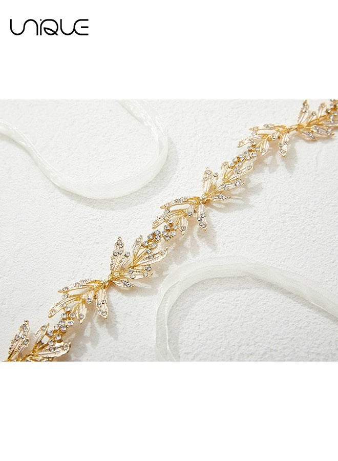 Unique Leaf Wedding Headpieces for Bride Flower Girl Bridal Headband with Rhinestones Women Handmade Hair Accessories (Golden) - Image 2