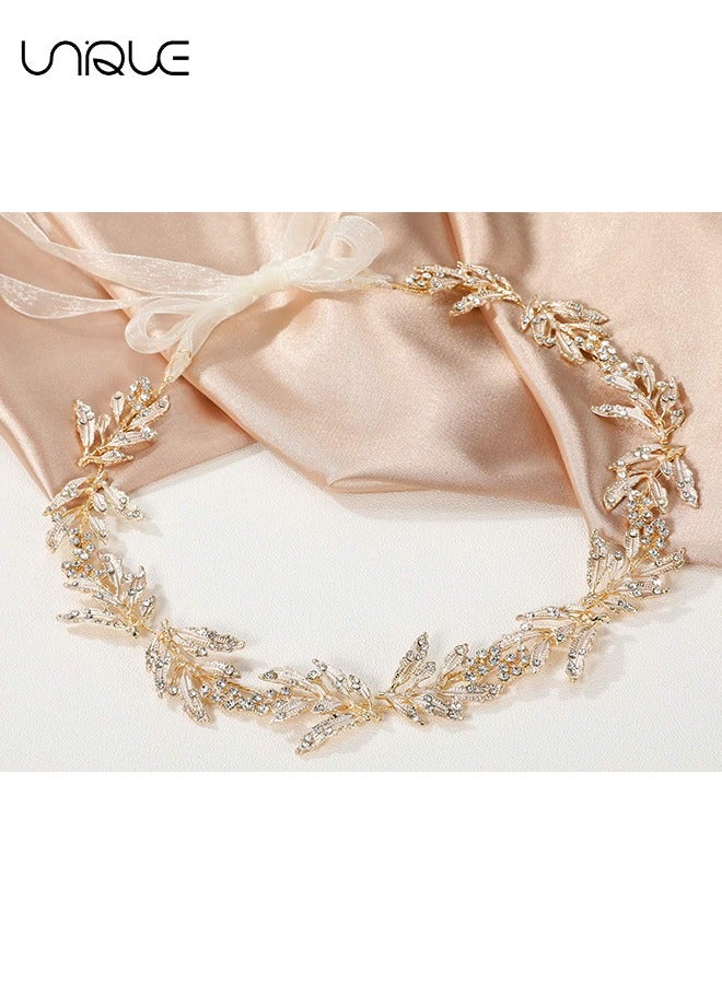 Unique Leaf Wedding Headpieces for Bride Flower Girl Bridal Headband with Rhinestones Women Handmade Hair Accessories (Golden) - Image 4