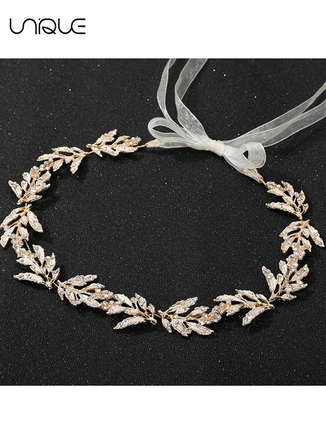 Unique Leaf Wedding Headpieces for Bride Flower Girl Bridal Headband with Rhinestones Women Handmade Hair Accessories (Golden) - Image 1