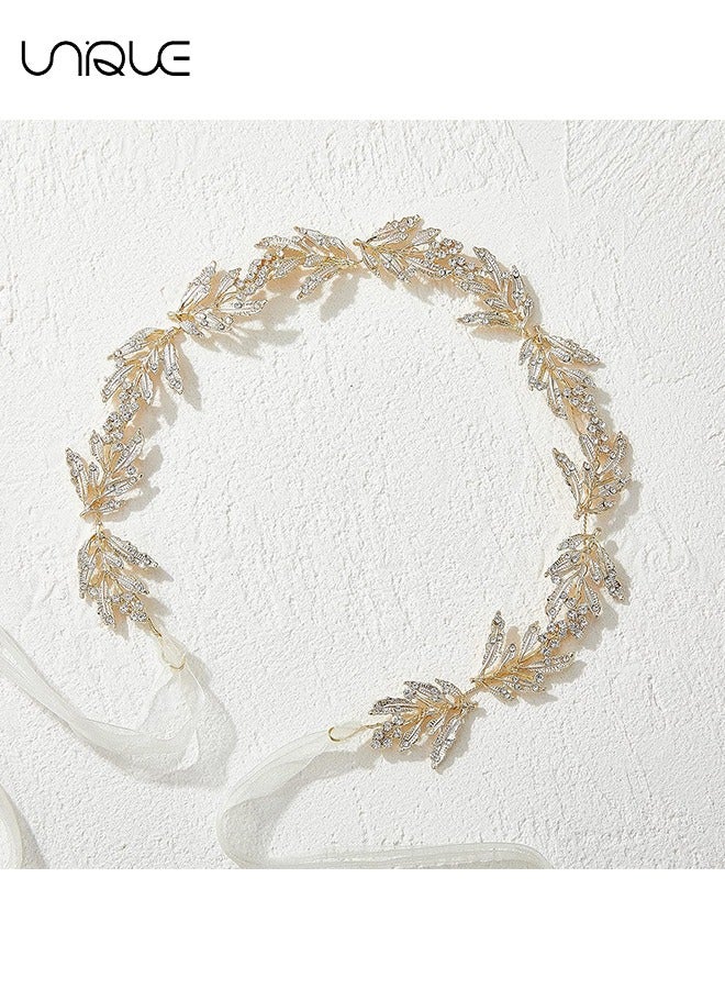 Unique Leaf Wedding Headpieces for Bride Flower Girl Bridal Headband with Rhinestones Women Handmade Hair Accessories (Golden) - Image 5