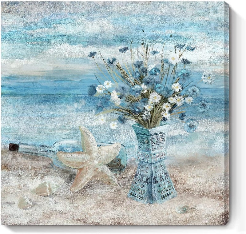 NALACAL Ocean Theme Flower Canvas Print Wall Art - Image 1