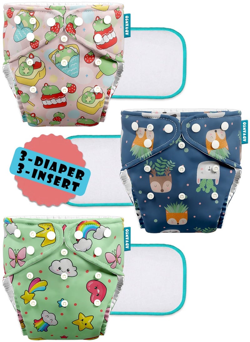 Advanso Leakage Proof cloth diapers for babies, high absorbent 3 reusable diaper 3 insert pad combo pack washable cloth diaper free size 5-18kg adjustable pocket cover 33 - Image 1