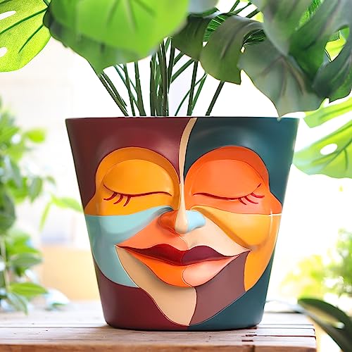 GUGUGO 8 Inch Abstract Rainbow Head Planter, Unique Face Plant Pot with Drainage, Cute Eclectic Flower Planters Pots for Indoor & Outdoor Plants, Colorful Funny Room Decor - Image 1