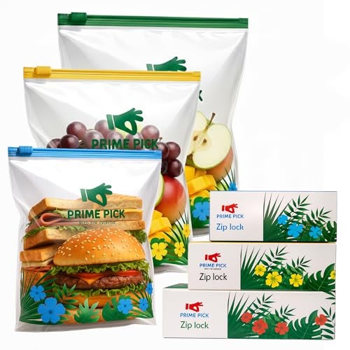 Prime Pick Fresh Lock Zip Storage Bags Reusable Food Storage Zip Lock Bags 120 Micron Leak Proof Double Zipper BPA Free Food Grade Freezer Microwave Safe Multicolour Small Medium Large Pack of 60 - Image 1