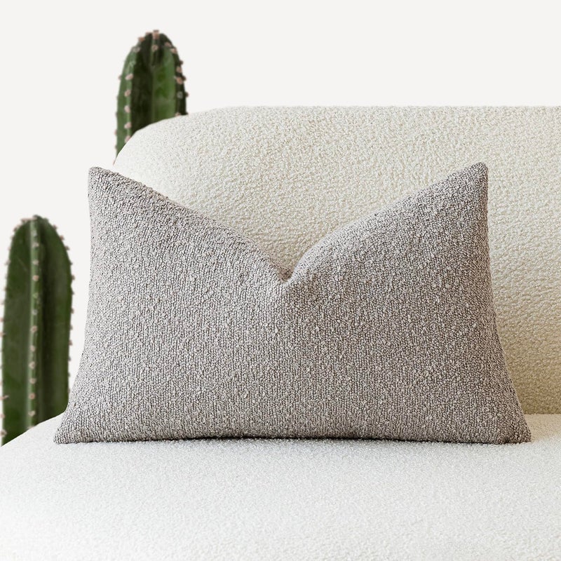Foindtower Textured Boucle Throw Pillow Covers Accent Solid Lumbar Pillow Cases Cozy Soft Decorative Couch Cushion Case for Chair Sofa Bedroom Living Room Home Decor 12 x 20 InchNeutral Grey