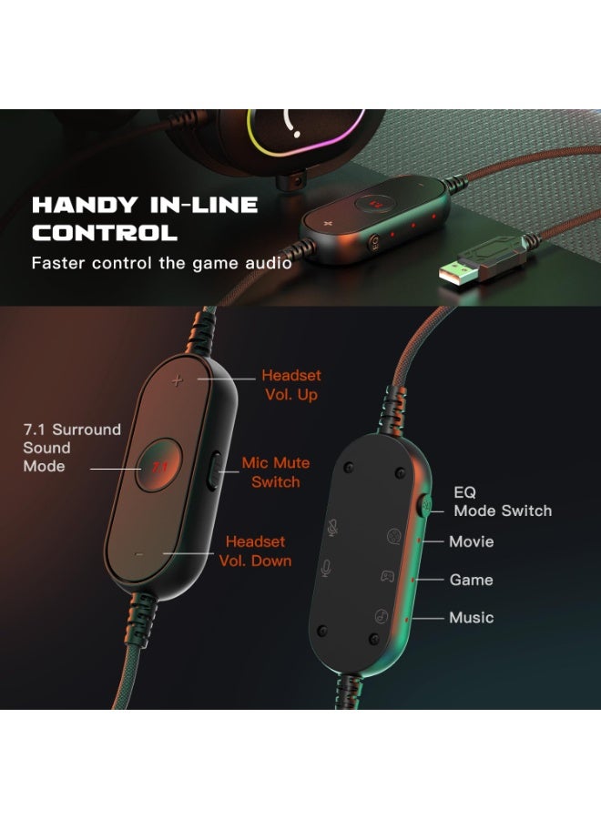 فيفين سماعة ألعاب FIFINE للكمبيوتر الشخصي - سماعة رأس سلكية مزودة بميكروفون - صوت محيطي 7.1، سماعة رأس USB للكمبيوتر المحمول، سماعات رأس للبث على PS4/PS5، مع وضع EQ، RGB، وسائد أذن ناعمة - AmpliGame H6 - Image 3