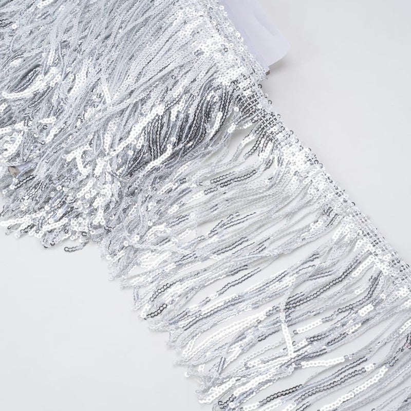 PREMDAS LACES Premdas lace Colorful Sequin Tassel Lace Trim Ribbon Fringe DIY Handmade Dance Performance Clothing Decoration Accessorie3miter Length 6 Inch Silver - Image 1