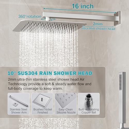 HoliSpa Brushed Nickel Shower System, Shower Faucet Set with 10-Inch Rain Showerhead and Handheld Spray, Wall Mounted High-Pressure Showerhead Combo Set Included Valve and Trim, Brushed Nickel - Image 3