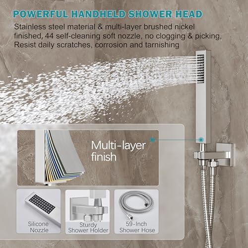 HoliSpa Brushed Nickel Shower System, Shower Faucet Set with 10-Inch Rain Showerhead and Handheld Spray, Wall Mounted High-Pressure Showerhead Combo Set Included Valve and Trim, Brushed Nickel - Image 4