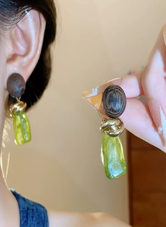 Dtja Retro Geometric Statement Earrings for Women Lightweight Resin Imitation Amber Stone Wooden Ball Charms Dangle Drop Earring Vintage Christmas Holiday Birthday Jewelry Gifts (Green) - Image 3