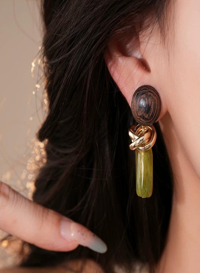 Dtja Retro Geometric Statement Earrings for Women Lightweight Resin Imitation Amber Stone Wooden Ball Charms Dangle Drop Earring Vintage Christmas Holiday Birthday Jewelry Gifts (Green) - Image 2
