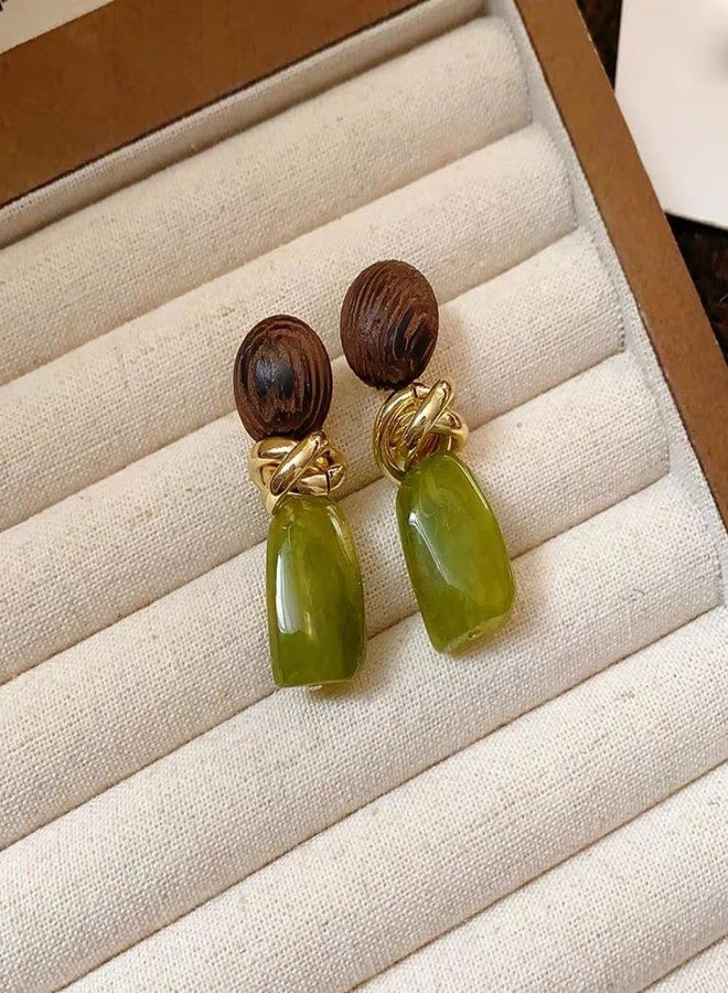 Dtja Retro Geometric Statement Earrings for Women Lightweight Resin Imitation Amber Stone Wooden Ball Charms Dangle Drop Earring Vintage Christmas Holiday Birthday Jewelry Gifts (Green) - Image 5