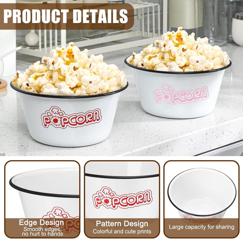 Maxdot Set of 6 Enamelware Popcorn Bowl 12 Quart Reusable Popcorn Serving Bowls Buckets Containers for Family Cinema Nights and Camping Party Shatterproof Classic White with Black Rim - Image 3