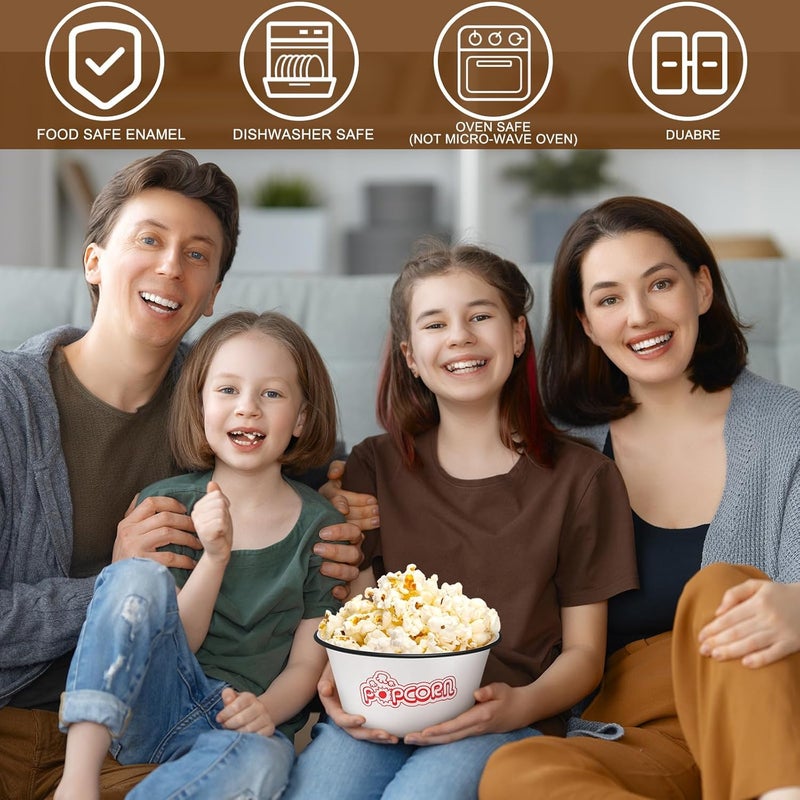 Maxdot Set of 6 Enamelware Popcorn Bowl 12 Quart Reusable Popcorn Serving Bowls Buckets Containers for Family Cinema Nights and Camping Party Shatterproof Classic White with Black Rim - Image 5