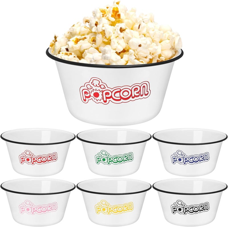 Maxdot Set of 6 Enamelware Popcorn Bowl 12 Quart Reusable Popcorn Serving Bowls Buckets Containers for Family Cinema Nights and Camping Party Shatterproof Classic White with Black Rim - Image 1