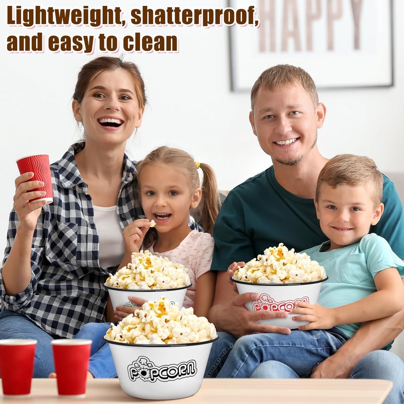 Maxdot Set of 6 Enamelware Popcorn Bowl 12 Quart Reusable Popcorn Serving Bowls Buckets Containers for Family Cinema Nights and Camping Party Shatterproof Classic White with Black Rim - Image 4