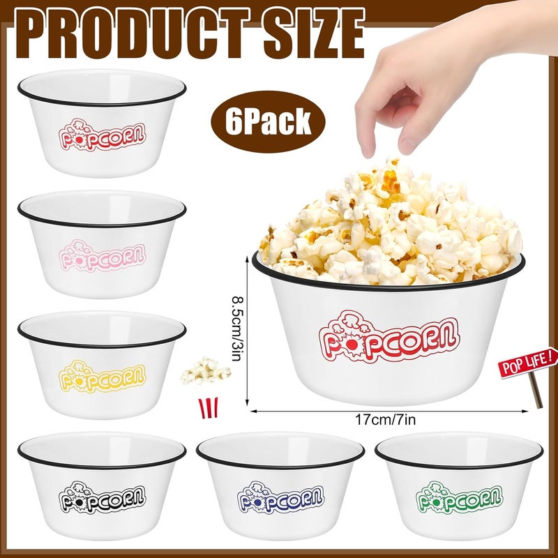 Maxdot Set of 6 Enamelware Popcorn Bowl 12 Quart Reusable Popcorn Serving Bowls Buckets Containers for Family Cinema Nights and Camping Party Shatterproof Classic White with Black Rim - Image 2