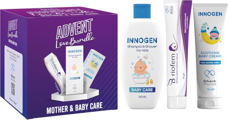 Advent Mother & Baby Care Kit - Briofem Moisturizing Cream for Breastfeeding Mothers, Innogen Baby Shampoo & Shower, Diaper Moisturizing Cream