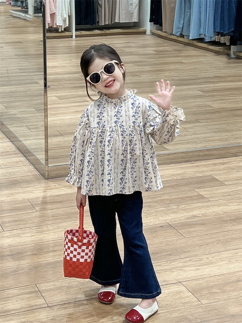 Girl'S Floral Shirt 2024 Autumn Western-Style Floral Auriculariar Collar Top Doll Shirt Stretch Denim Flared Pants - Image 2