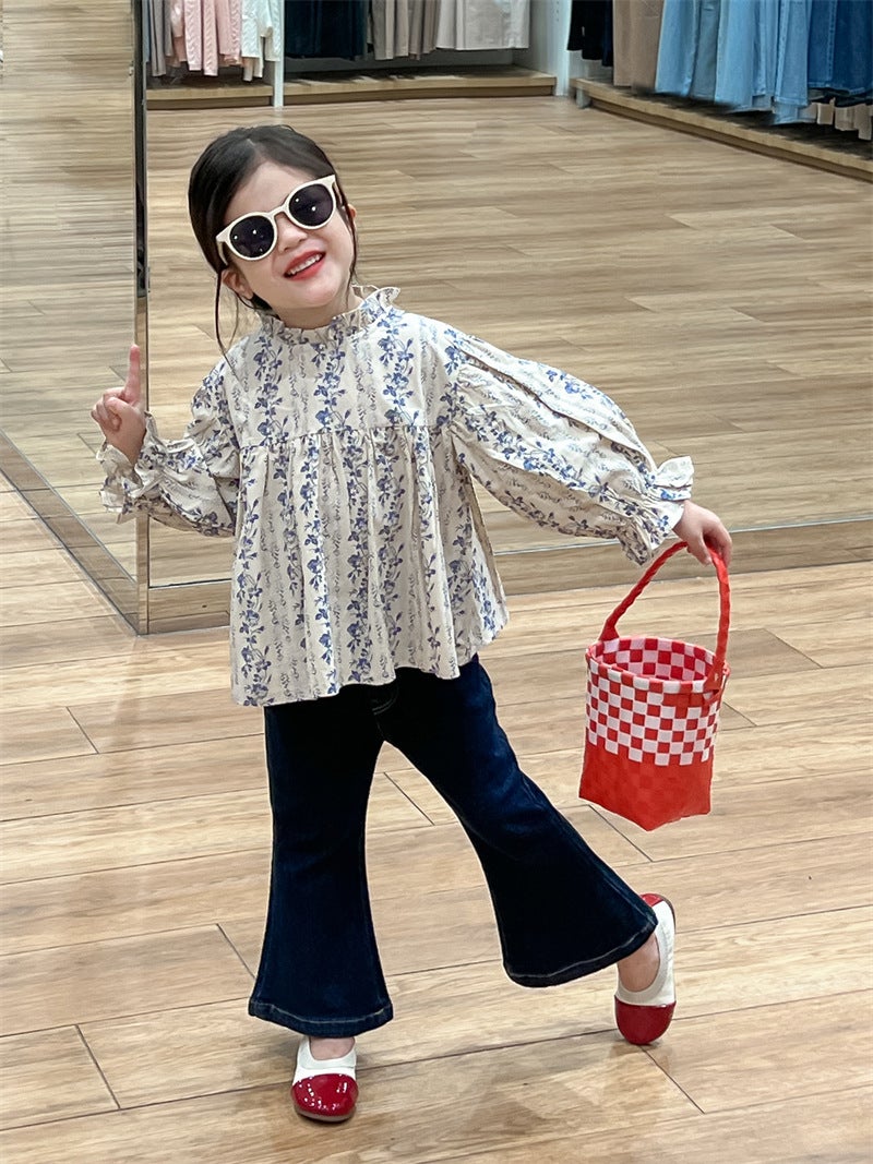 Girl'S Floral Shirt 2024 Autumn Western-Style Floral Auriculariar Collar Top Doll Shirt Stretch Denim Flared Pants - Image 3
