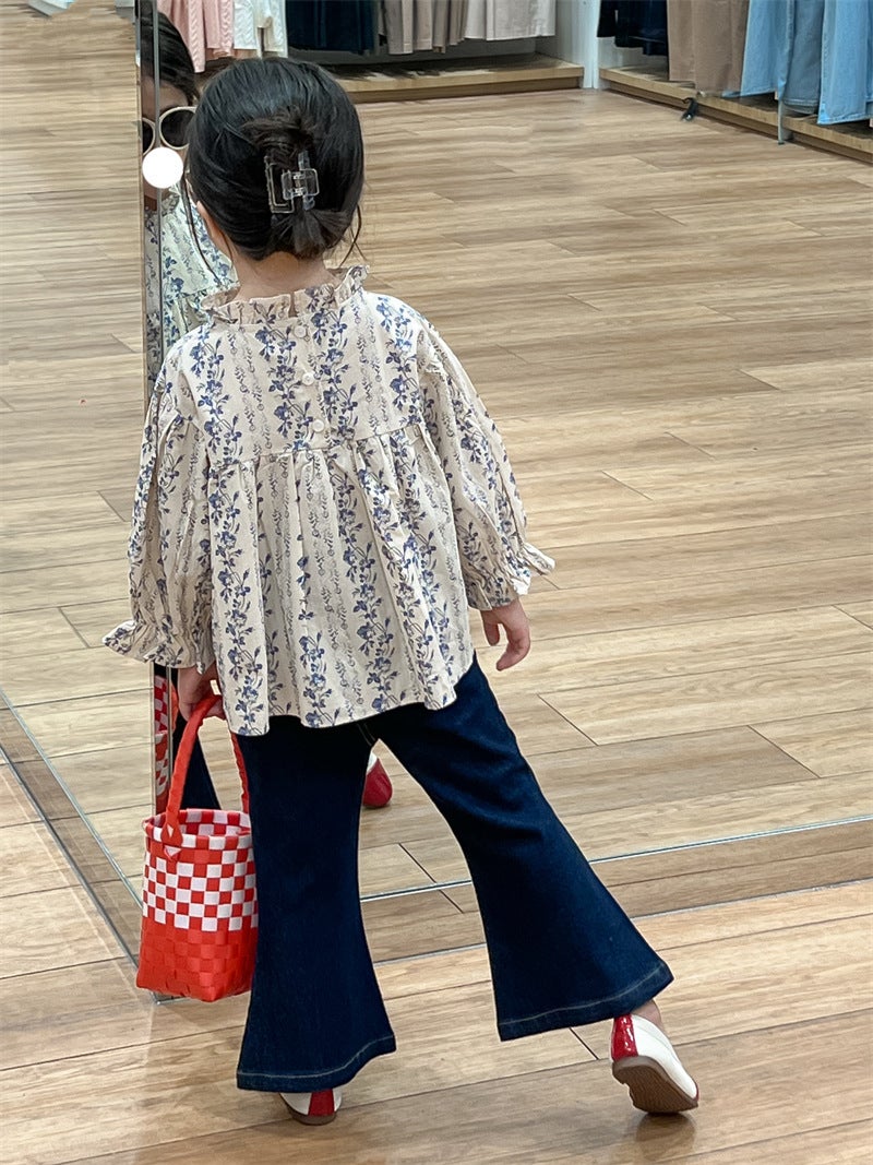 Girl'S Floral Shirt 2024 Autumn Western-Style Floral Auriculariar Collar Top Doll Shirt Stretch Denim Flared Pants - Image 5