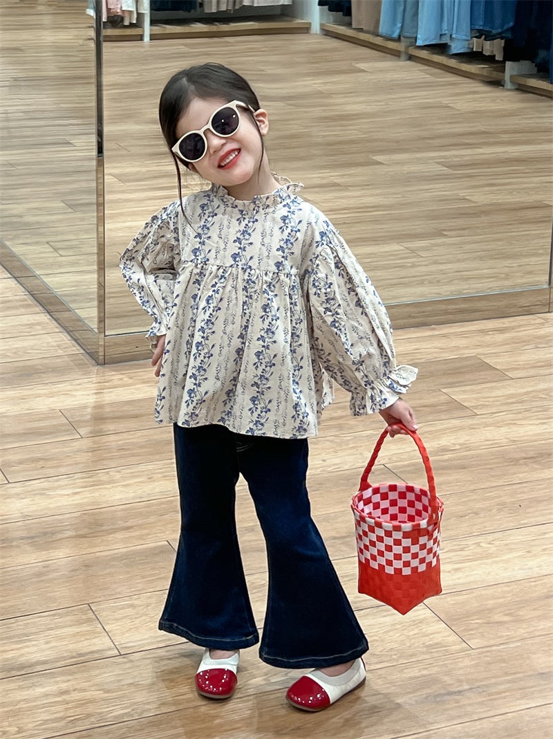 Girl'S Floral Shirt 2024 Autumn Western-Style Floral Auriculariar Collar Top Doll Shirt Stretch Denim Flared Pants - Image 4