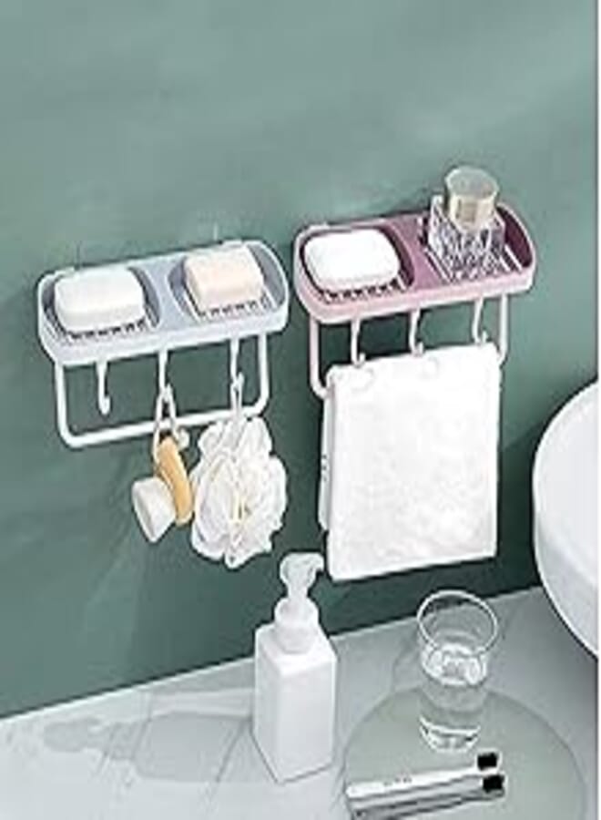 HOME CUBE 1 Pc Adhesive Sticker Wall Mounted Waterproof Double Soap Dish Case Holder Towel Holder with 3 Hook for Kitchen Sink Bathroom - Random Color
