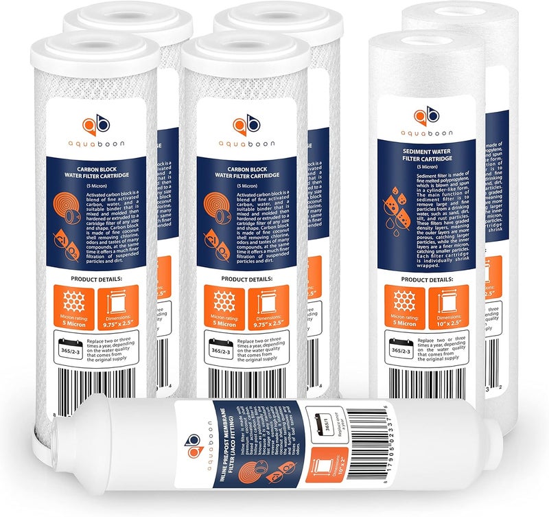Aquaboon AB(P)-4C2S1I P-7PK Water Filter Set - 2.5" x 10" x 17" - Includes Carbon Block and Sediment Filters - Image 1