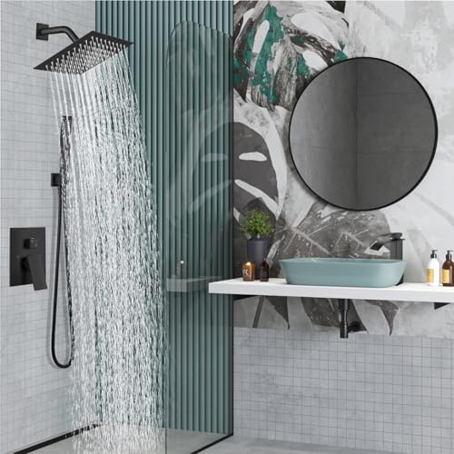 Midanya Shower Faucet Set,Wall Mount Shower System with Square Rain Shower Head and Hand Sprayer, Rough-in Valve Body and Trim Kit Included,8 Inch,Matte Black - Image 2