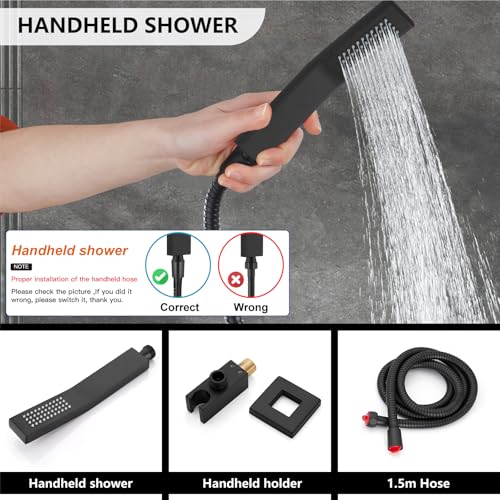 Midanya Shower Faucet Set,Wall Mount Shower System with Square Rain Shower Head and Hand Sprayer, Rough-in Valve Body and Trim Kit Included,8 Inch,Matte Black - Image 5