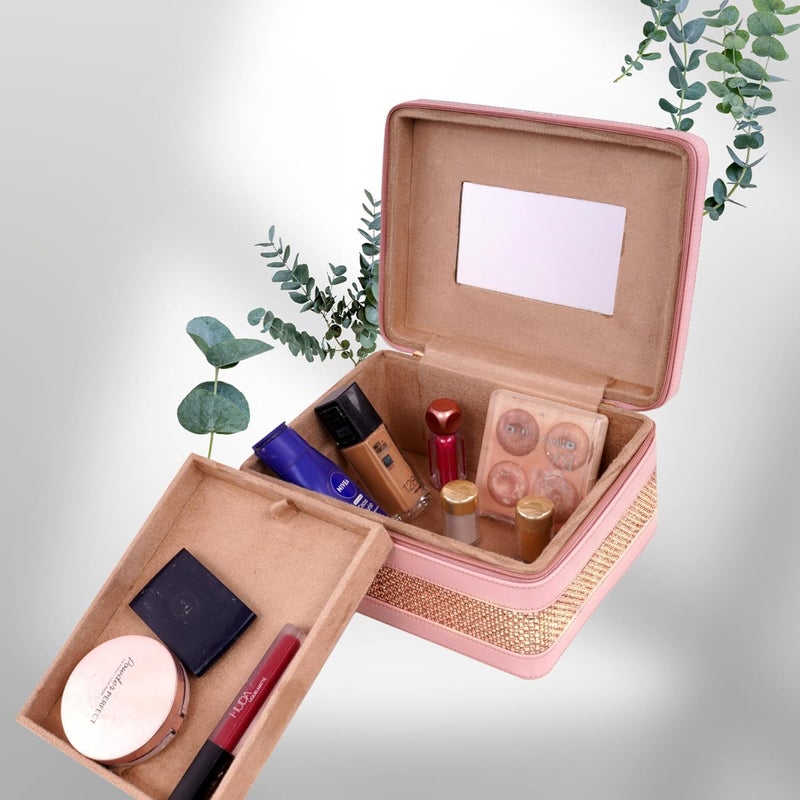 FADAK Faux Leather Cosmetic Makeup for Beauty Case Wedding Makeup Brushes Pouch Tikli Organizer Travel Large Vanity Mirror Box Storage Bag Jewelry Bridal Box (Rani Pink) - Image 5