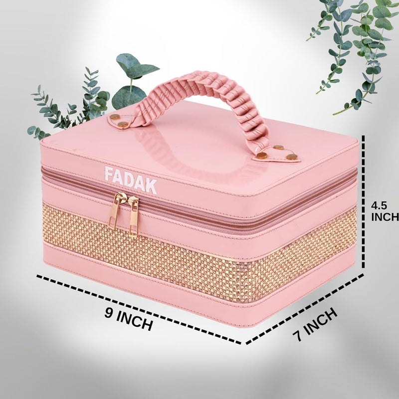 FADAK Faux Leather Cosmetic Makeup for Beauty Case Wedding Makeup Brushes Pouch Tikli Organizer Travel Large Vanity Mirror Box Storage Bag Jewelry Bridal Box (Rani Pink) - Image 2