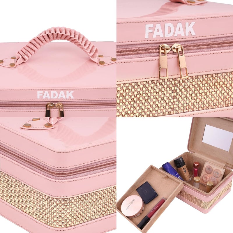 FADAK Faux Leather Cosmetic Makeup for Beauty Case Wedding Makeup Brushes Pouch Tikli Organizer Travel Large Vanity Mirror Box Storage Bag Jewelry Bridal Box (Rani Pink) - Image 4