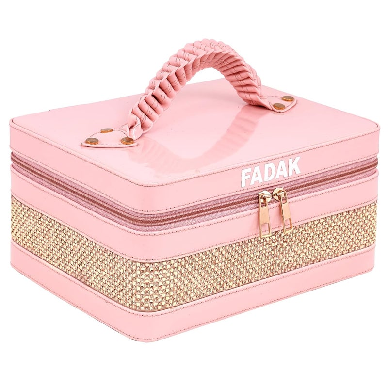 FADAK Faux Leather Cosmetic Makeup for Beauty Case Wedding Makeup Brushes Pouch Tikli Organizer Travel Large Vanity Mirror Box Storage Bag Jewelry Bridal Box (Rani Pink) - Image 1