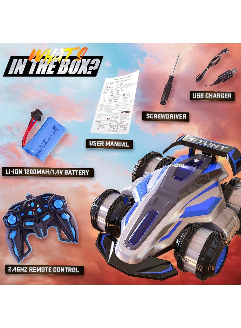 Taizz Ventures Remote Control Cars for Boys Age 4-14 - 360 Spin Rotating Fast RC Cars, 4WD Upright Walking Rc Stunt Car with LED Lights Music, 2.4Ghz Indoor/Outdoor All Terrain Rechargeable Cars - Blue - Image 5