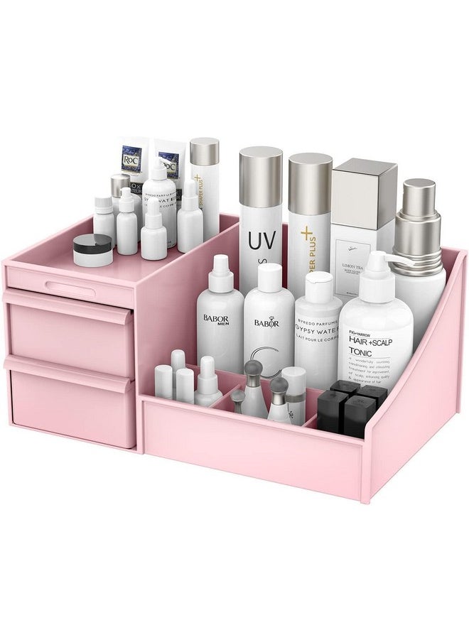 Qshare - Qshare Cosmetic Storage Box - Plastic 2 Drawer Cosmetic Storage Organizer Makeup Eyeshadow Lipsticks Jewelry Stationery, Cosmetic Organiser for Women, Vanity Display Case for Dressing Table (Pink) - Image 1