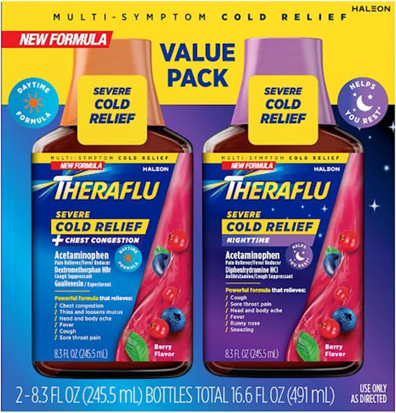 Theraflu Severe Cold and Cough Nighttime and Daytime Cough and Cold Medicine, Berry Flavor - 8.3 Fl Oz Syrup x 2