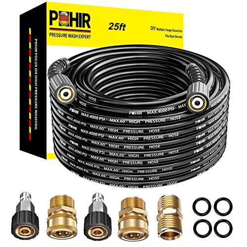 POHIR Pressue Washer Hose 25ft 4000PSI with Quick Connect M22 Fittings, 1/4 Inch M22 Kink Resistant Power Washing Replacement Hose, Lightweight Pressure Washer Extension Hose - Image 1