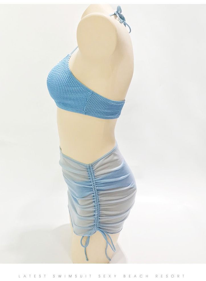 Loquat 3 Piece Solid Color Swimsuit Beach Bikini Blue - Image 2