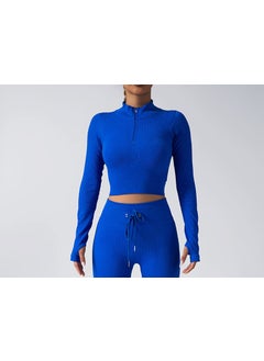 Seamless Yoga Set Zip Jacket Drawstring Pants Blue Top