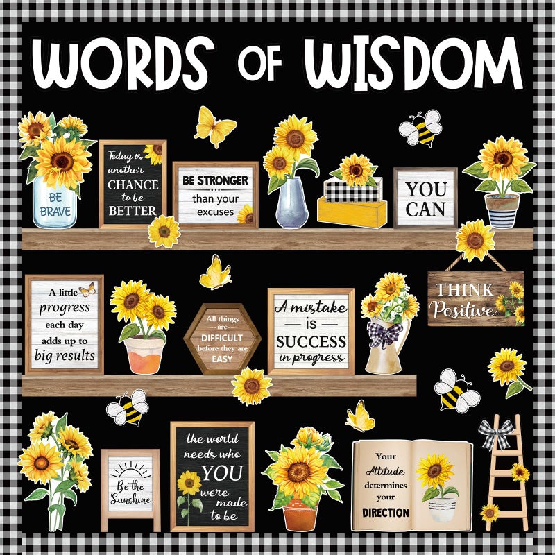 Mooliwe 57 Pcs Sunflower Spring Bulletin Board Set Inspirational Flower Bulletin Board Decoration Positive Cutout Classroom Decoration for School Office Home Teacher Classroom Wall Supplies - Image 1