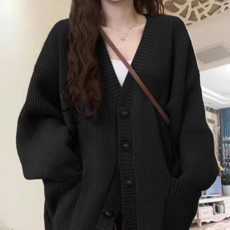 Academic Style Sweater Cardigan Female Student Korean Style Loose V-Neck All-Match Solid Color Knitted Jacket Cardigan - Image 1